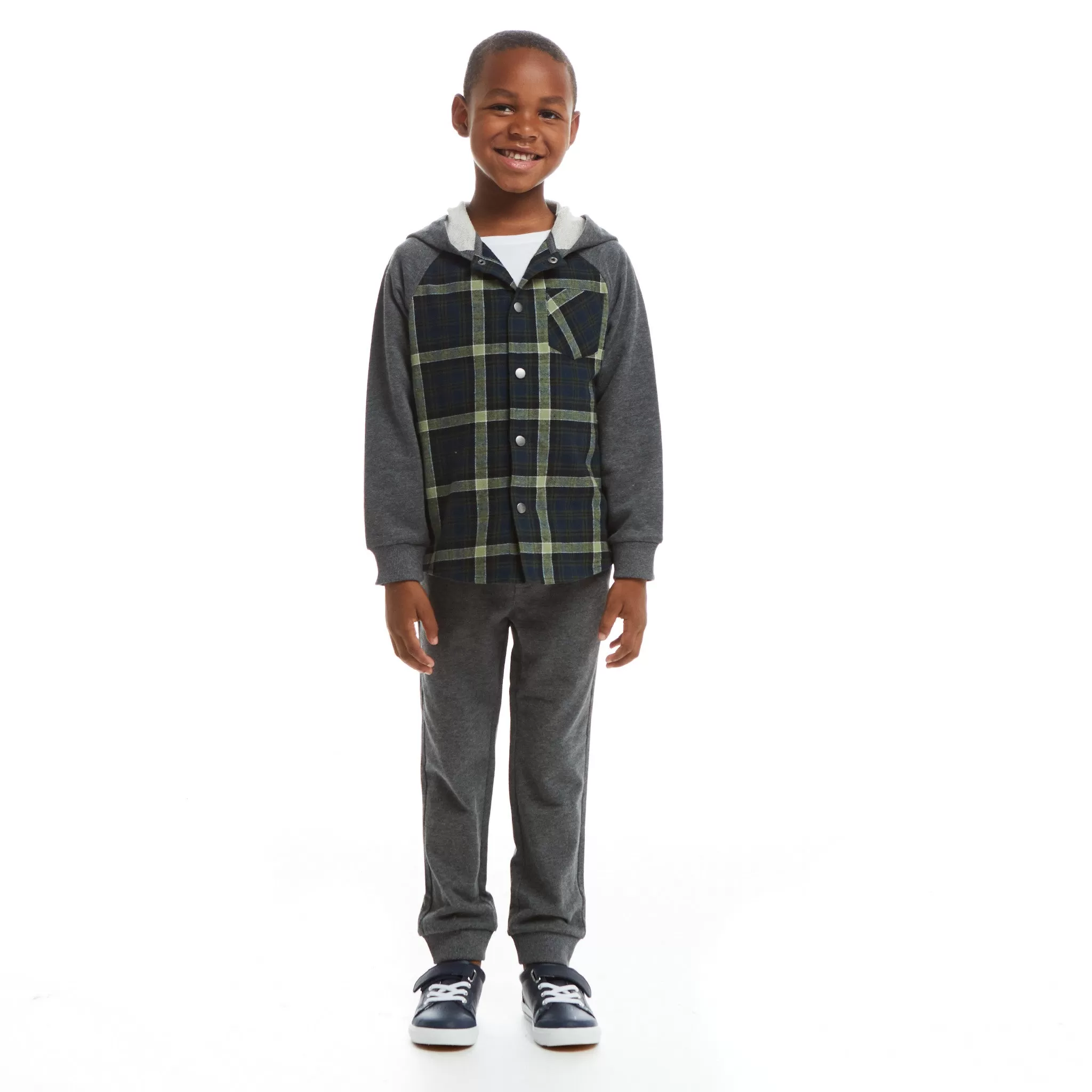 Green Plaid Hooded Flannel Buttondown Set  | Green