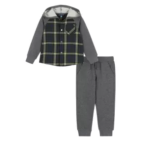 Green Plaid Hooded Flannel Buttondown Set  | Green