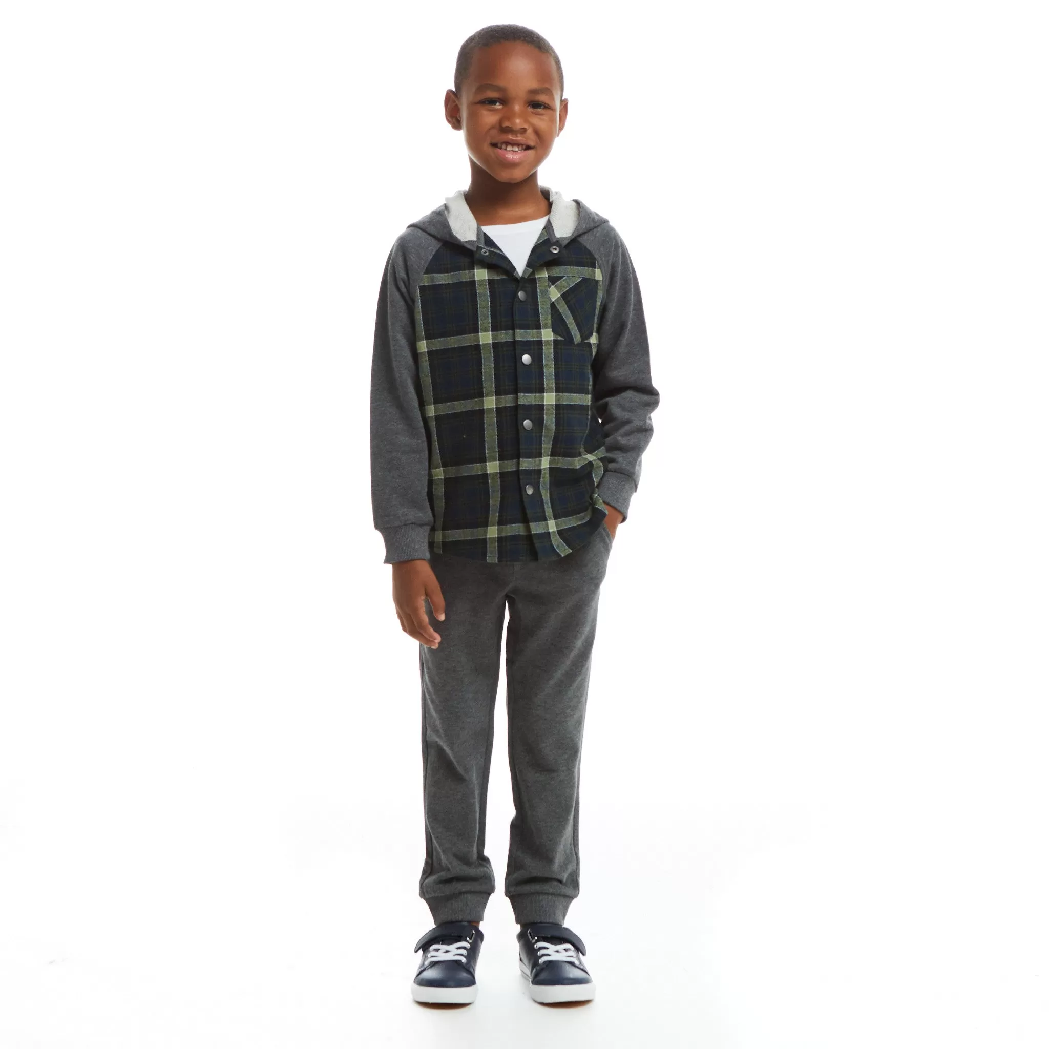 Green Plaid Hooded Flannel Buttondown Set  | Green