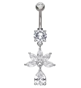 Half Flower Marquise Clear CZ Teardrop Dangle Stainless Steel Belly Button Ring