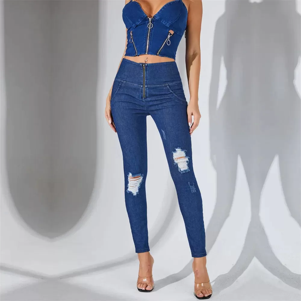 High Waist Blue Washed Ripped Lifting Jeans