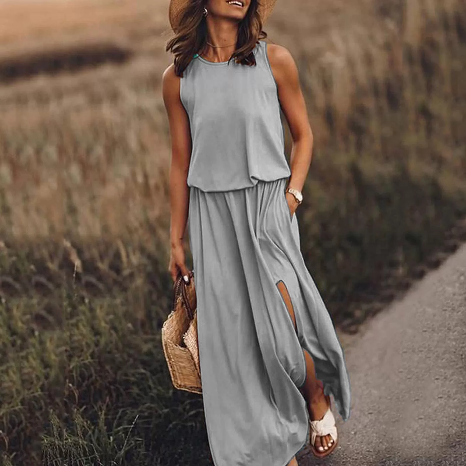 INSTOCK - summer women's round neck sleeveless dress with slit