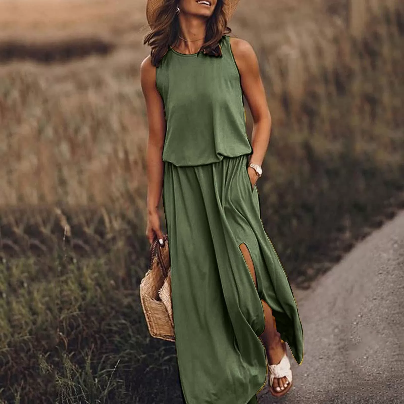 INSTOCK - summer women's round neck sleeveless dress with slit