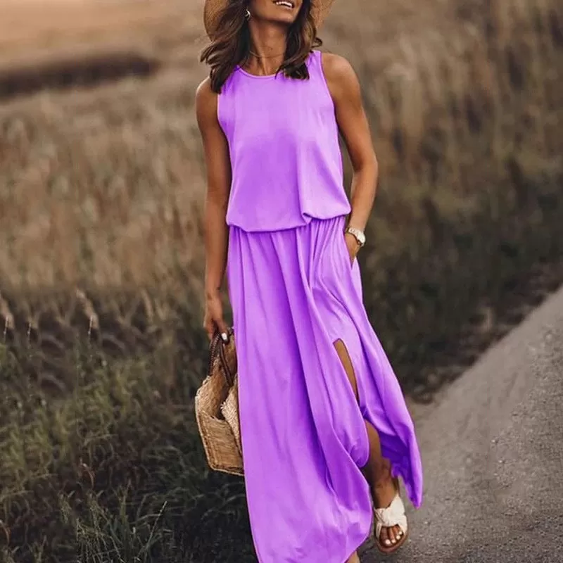 INSTOCK - summer women's round neck sleeveless dress with slit