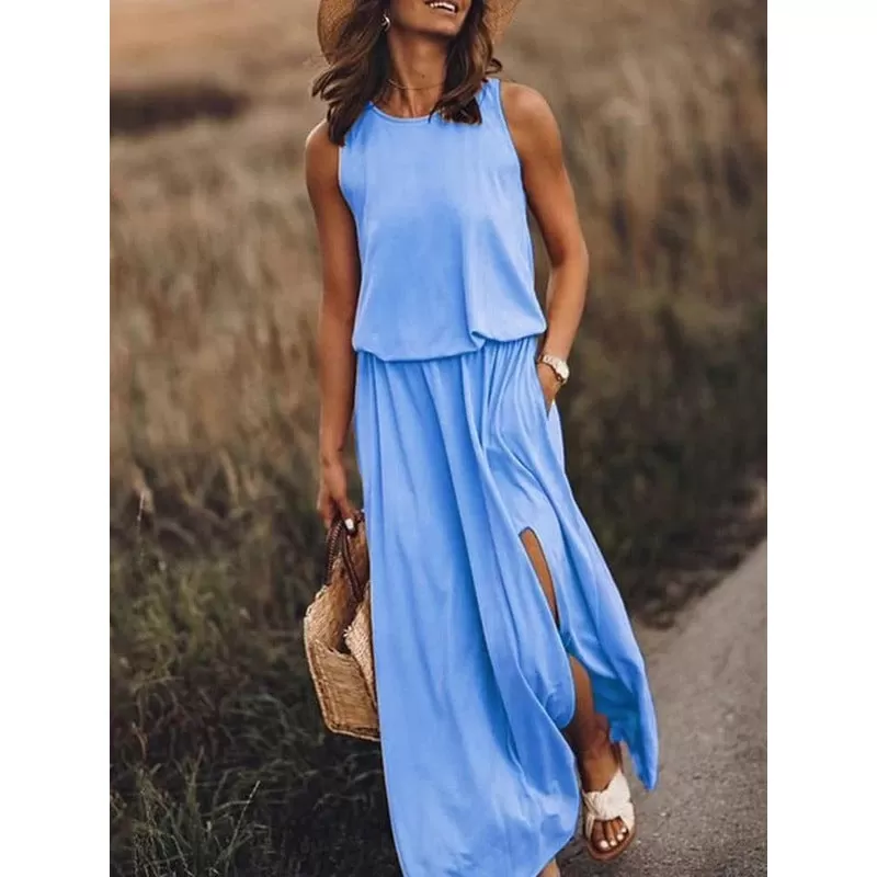 INSTOCK - summer women's round neck sleeveless dress with slit