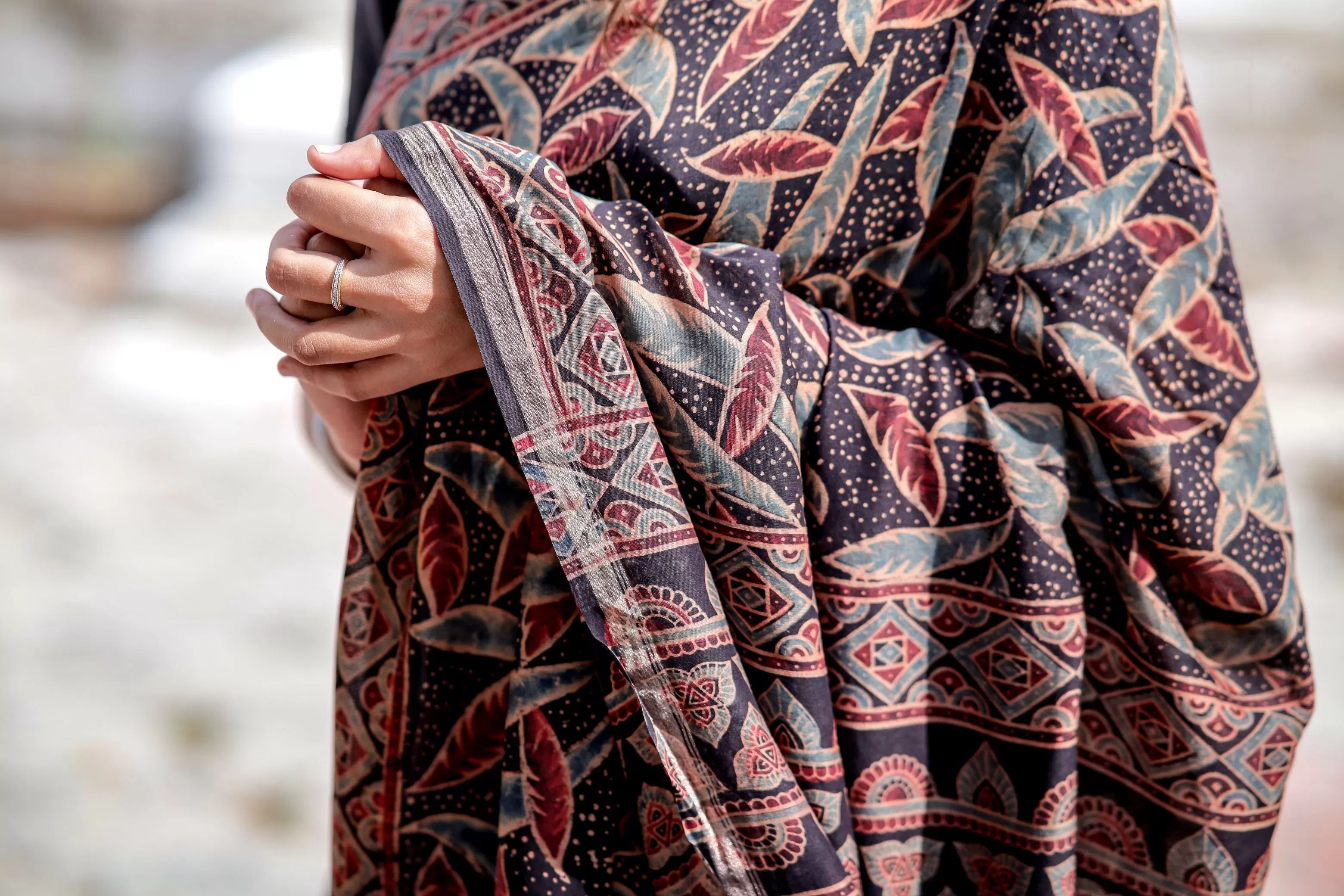 Jharokha -Black leaf silk cotton Ajrakh handblockprinted saree