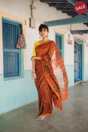 Jharokha -Orange green silk cotton Ajrakh handblockprinted saree