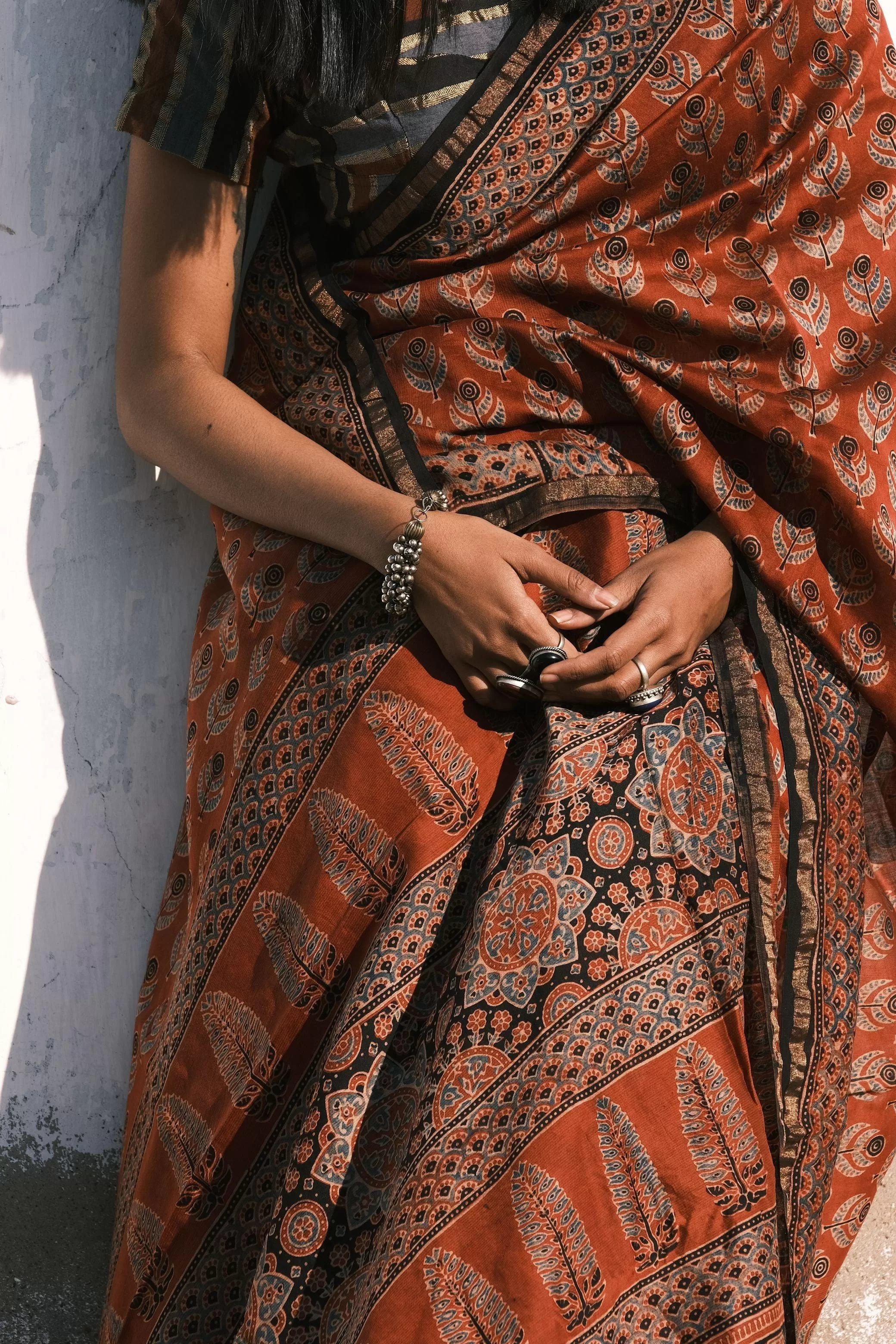 Jharokha -Red silk cotton Ajrakh handblockprinted saree