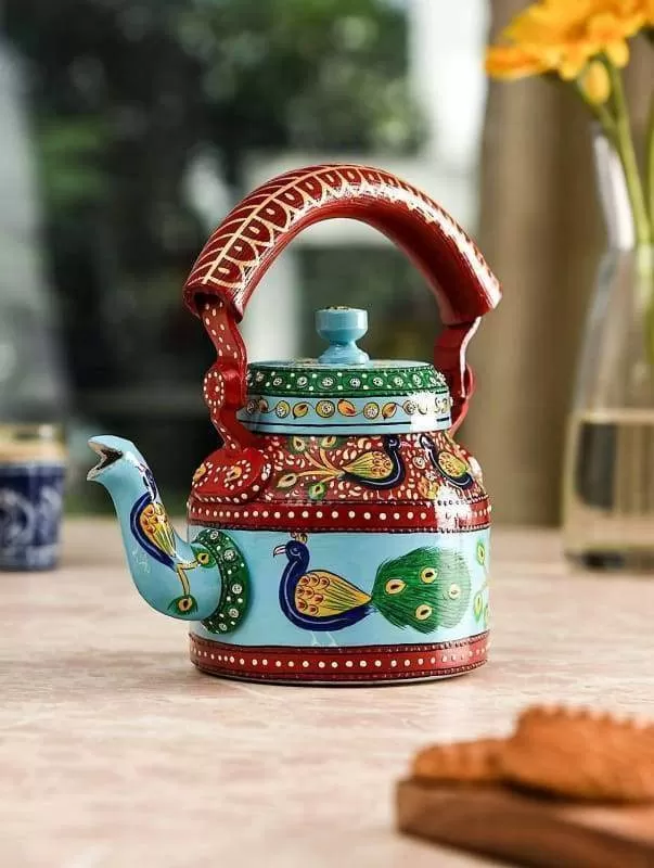 KAUSHALAM HAND PAINTED TEA KETTLE: NEW PEACOCK DANCE