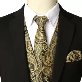 KINGSTON Design Men's Fashion Gold Blue Purple Paisley 3PCS Vest Suit Set