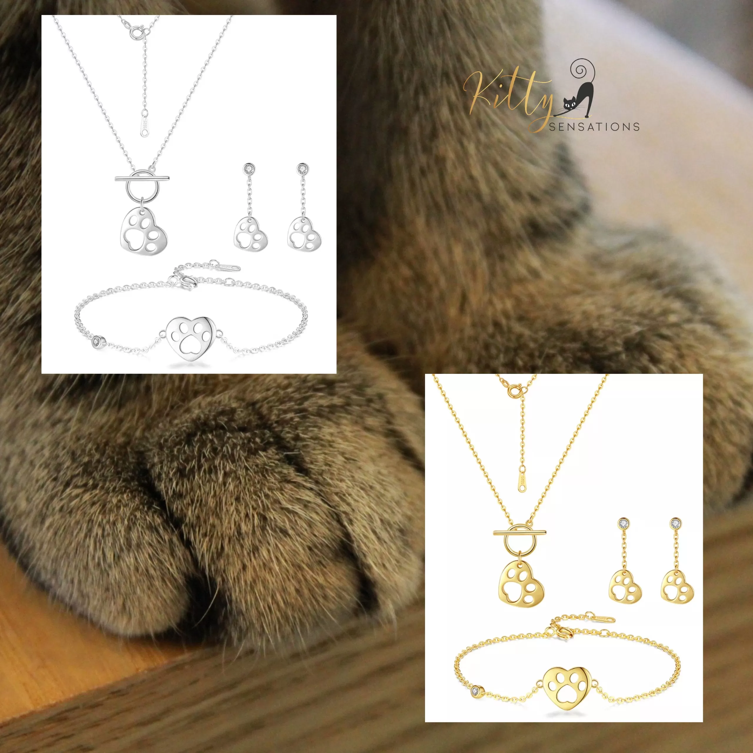 Kitty Paw in Heart Jewelry Set in Solid 925 Sterling Silver