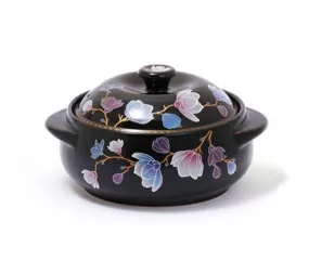 KUC Magnolia Flower Ceramic Geranium Heatproof Ttukbaegi Stew Pot Kitchen Food Cooking Utensil Gas Korea Gifts Oven Floral Black