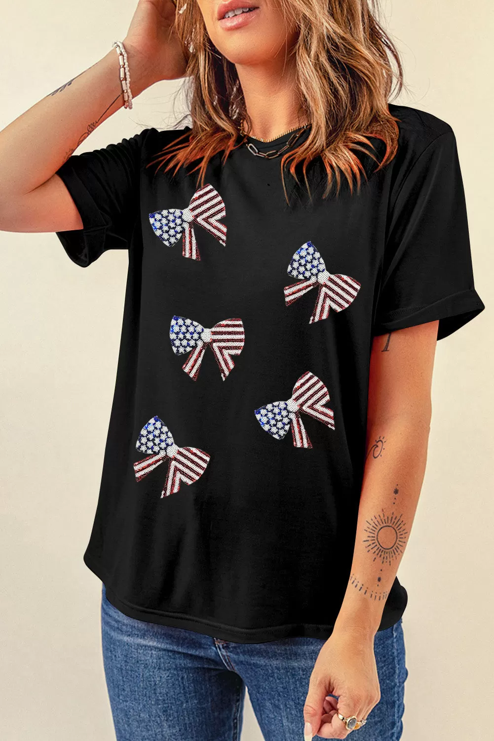 Kurzarm-T-Shirt mit Rundhalsausschnitt und US-Flagge