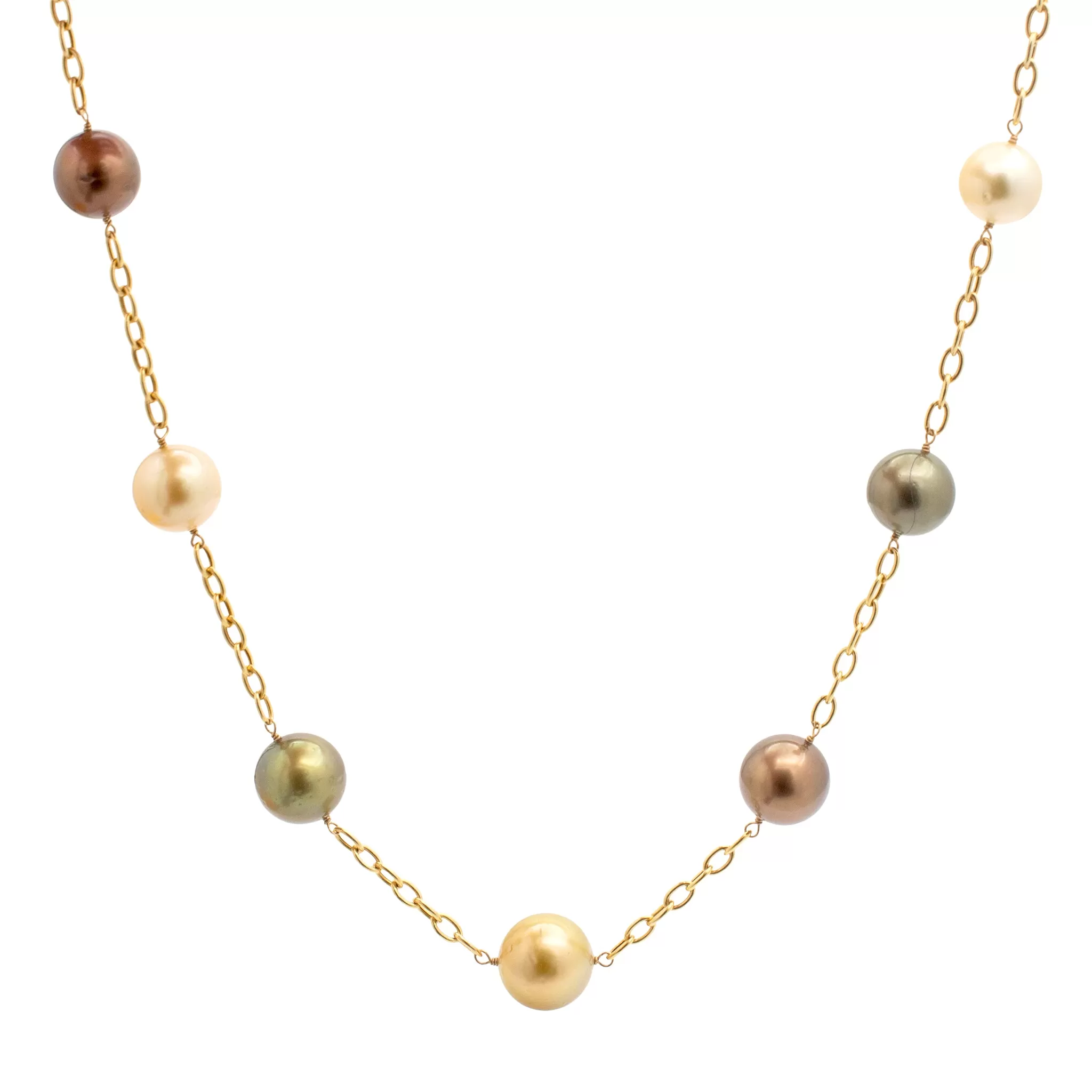 Ladies 14K Yellow Gold Multi Color Pearl Bead Chain Necklace