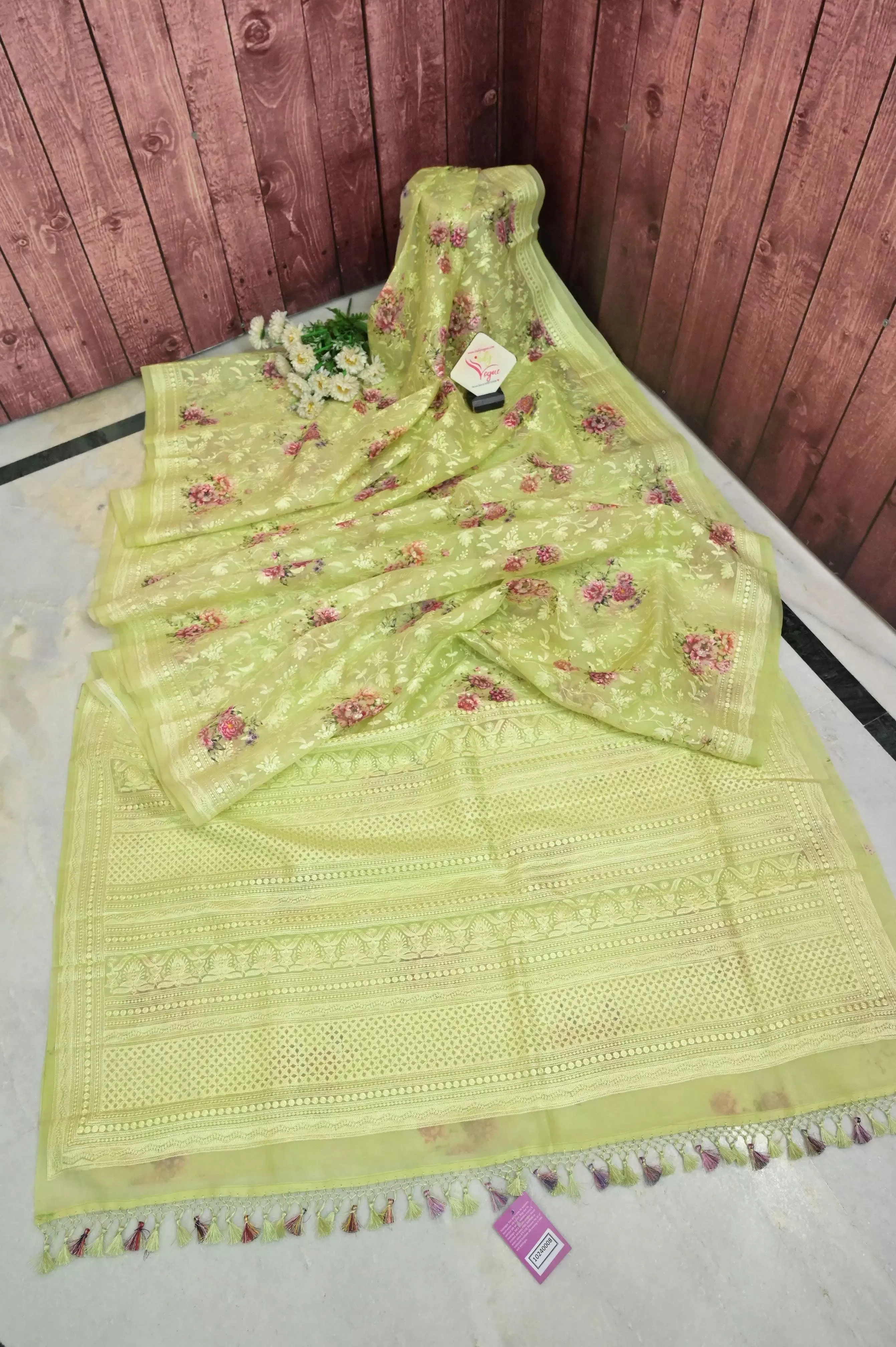 Light Green Organza with Digital Print and Chikankari Embroidery