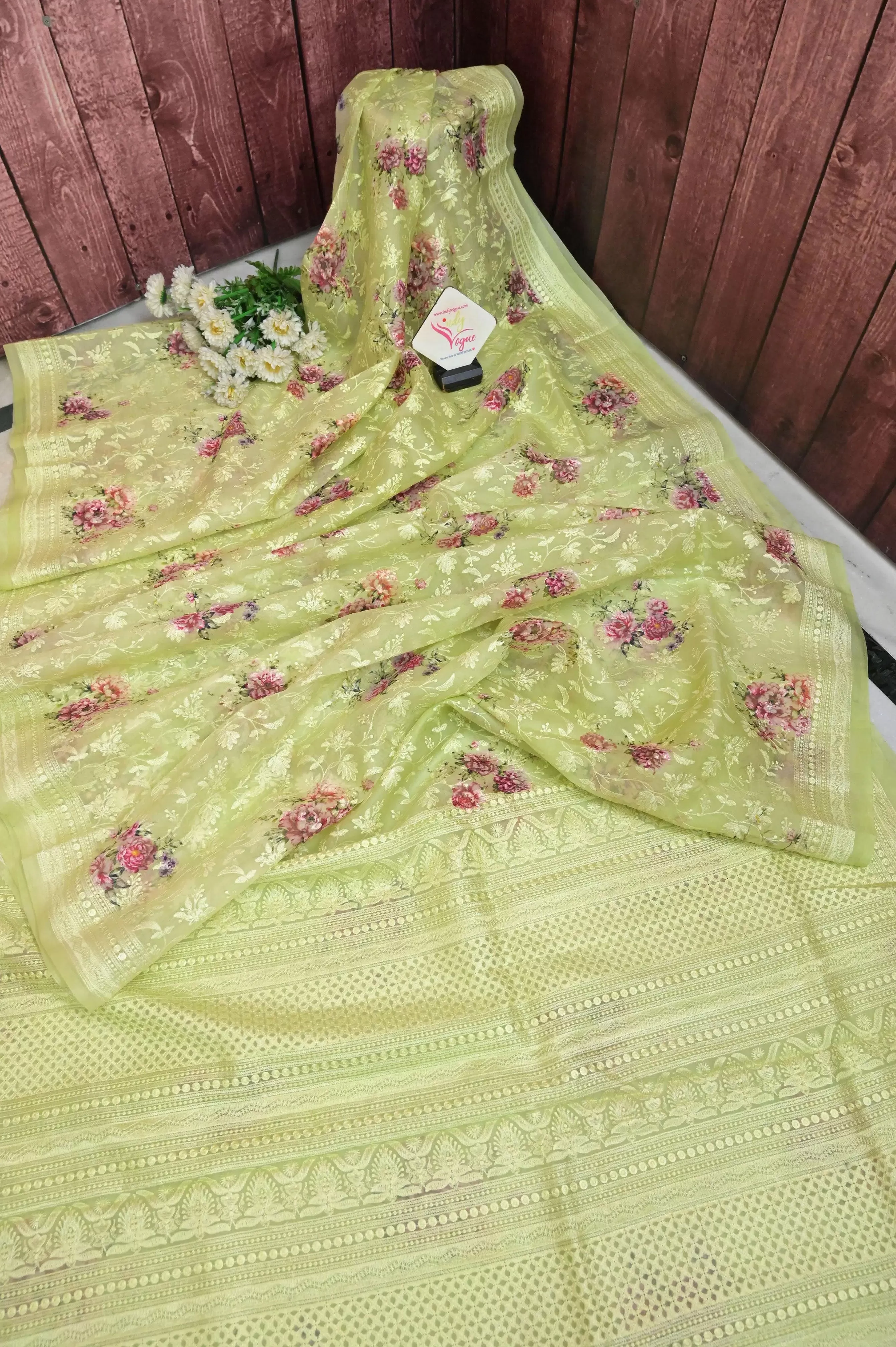 Light Green Organza with Digital Print and Chikankari Embroidery