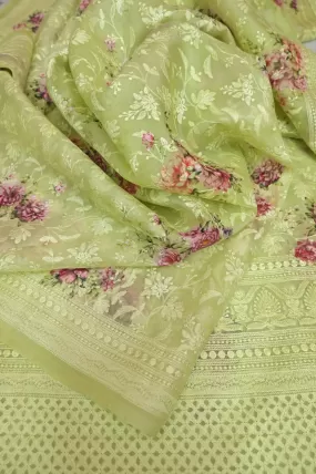 Light Green Organza with Digital Print and Chikankari Embroidery