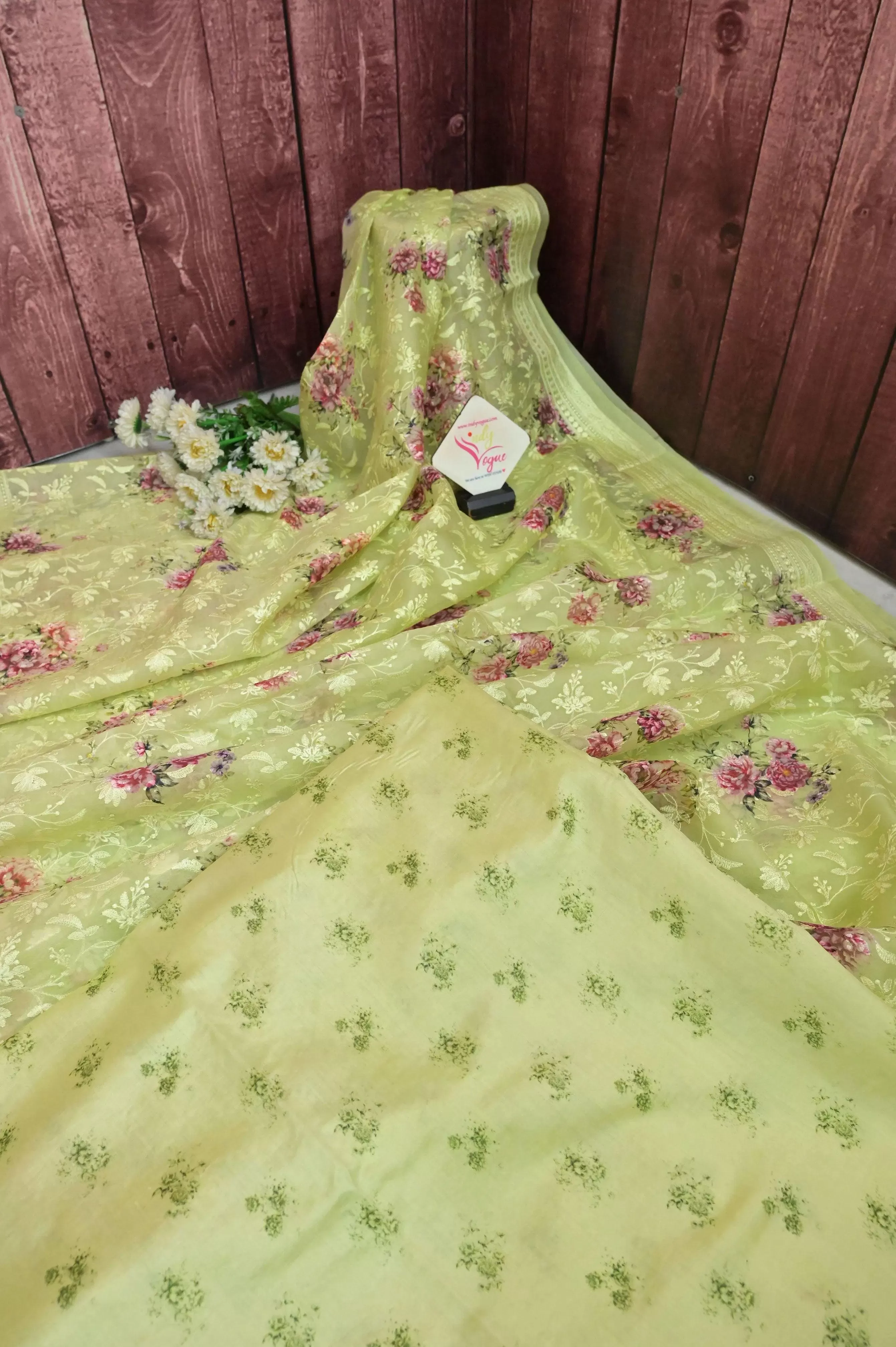 Light Green Organza with Digital Print and Chikankari Embroidery