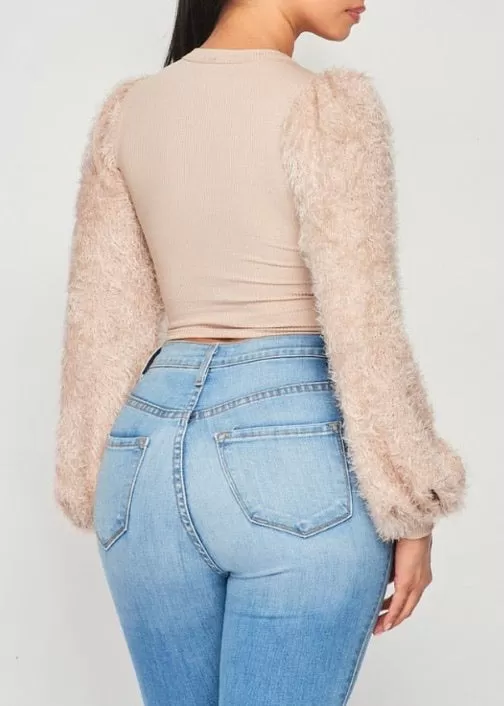 May Pink Ribbed Crop Top With Furry Sleeves (Beige) T5508