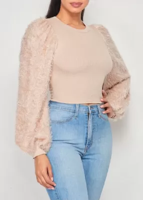 May Pink Ribbed Crop Top With Furry Sleeves (Beige) T5508