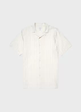 Men's Embroidered Stripe Camp Collar Shirt in Ecru