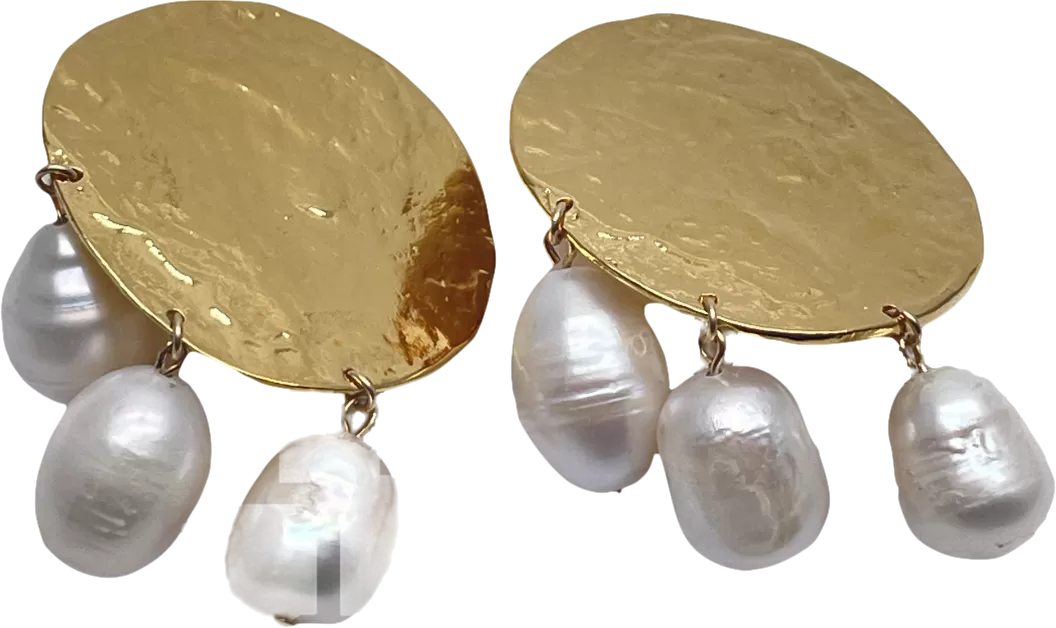 Metallic Large Hammered Gold Disc Pearl Drop Clip On Earrings