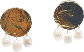 Metallic Large Hammered Gold Disc Pearl Drop Clip On Earrings