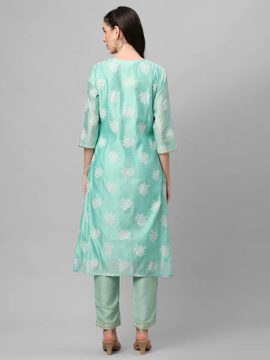 Mint Green Floral Printed Kurta With Trouser