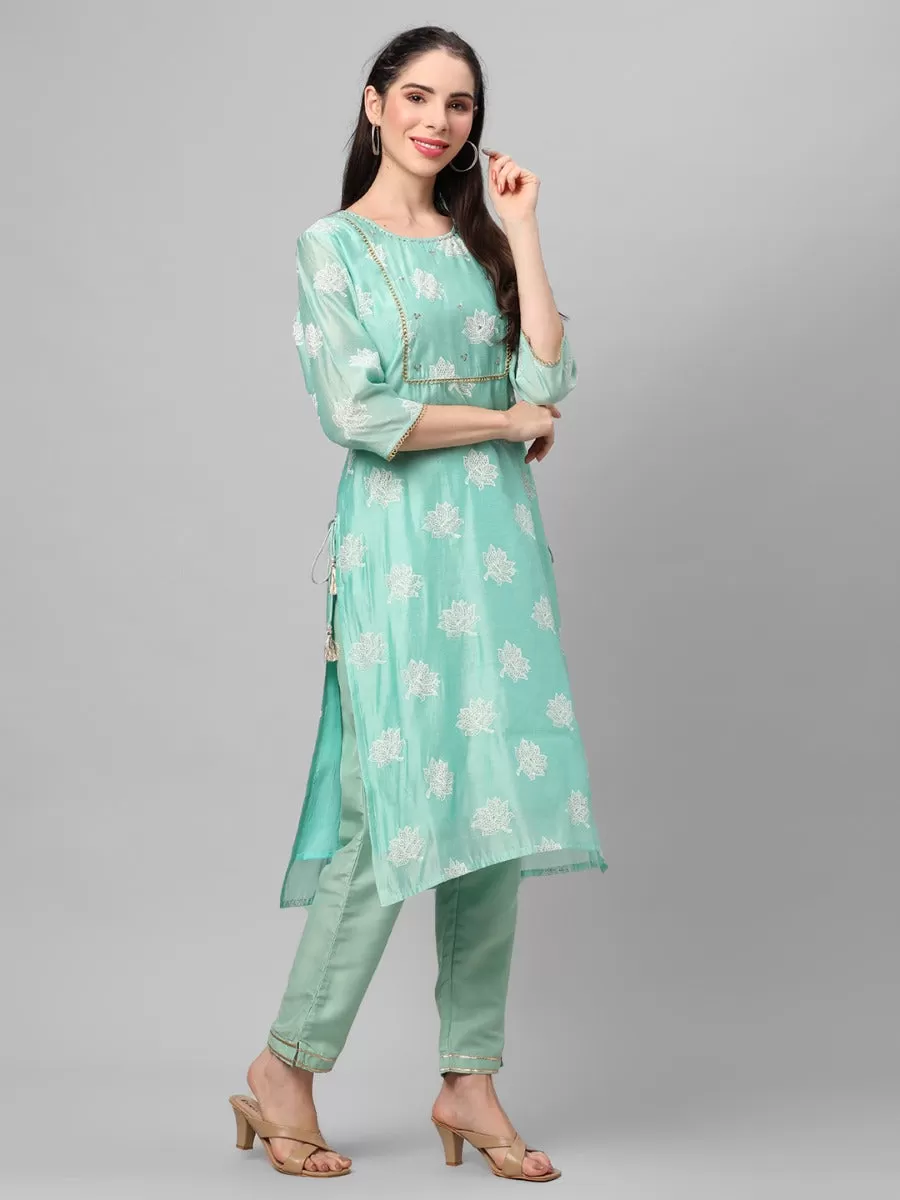 Mint Green Floral Printed Kurta With Trouser