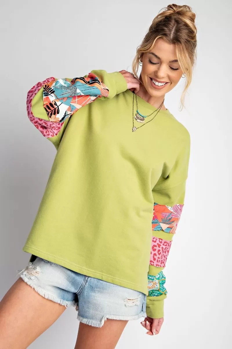 Mixed Print Sleeves Terry Pullover