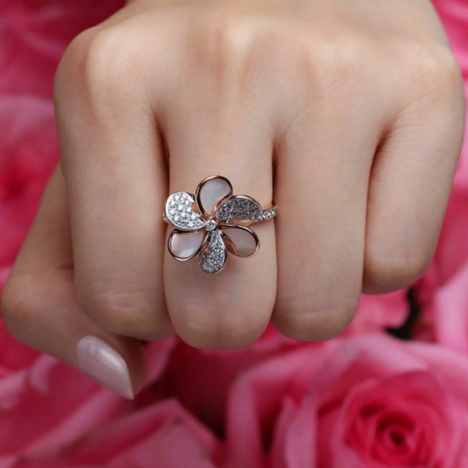 Mother of Pearl and Diamond Pave Flower Cocktail Ring