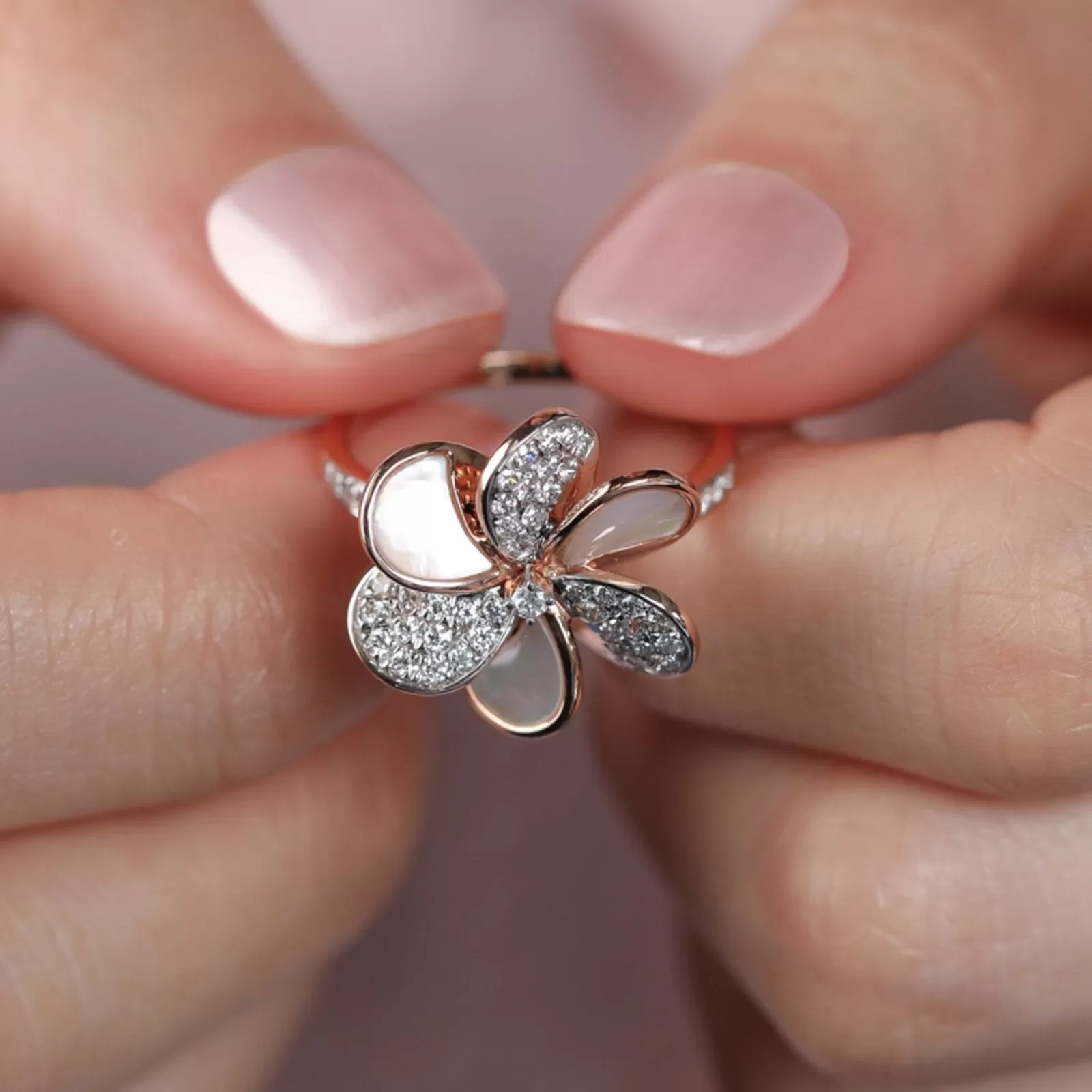 Mother of Pearl and Diamond Pave Flower Cocktail Ring