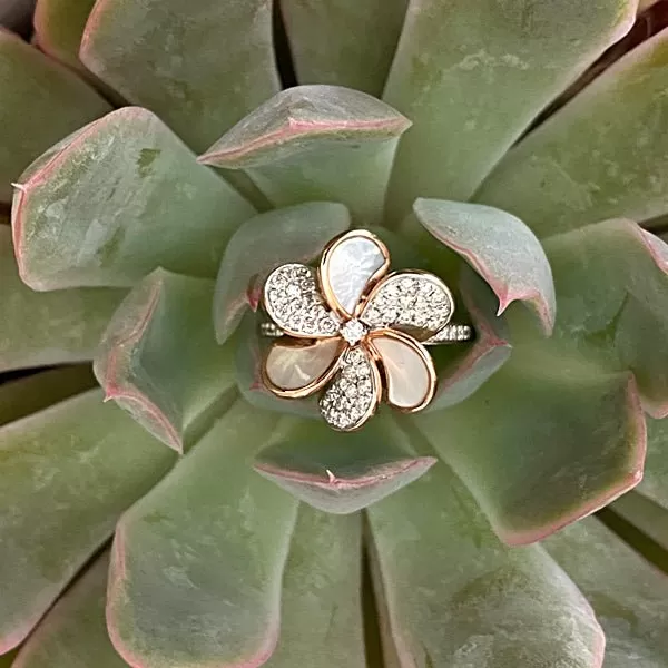 Mother of Pearl and Diamond Pave Flower Cocktail Ring