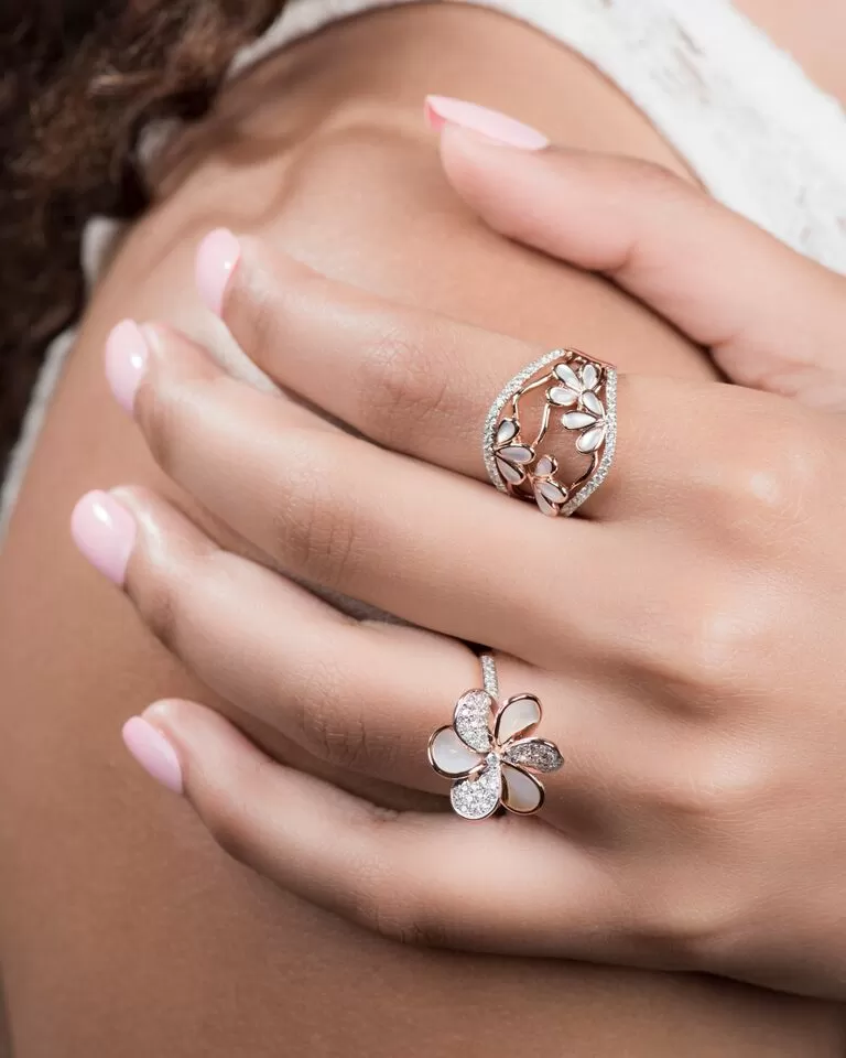 Mother of Pearl and Diamond Pave Flower Cocktail Ring