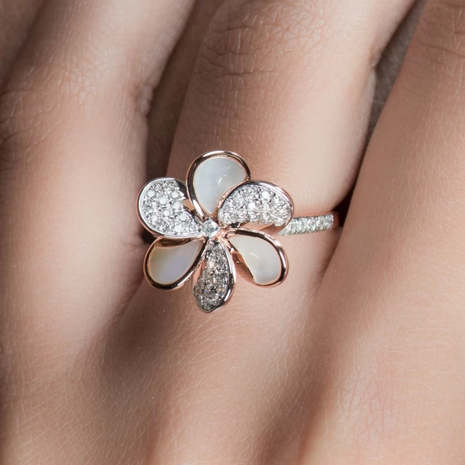 Mother of Pearl and Diamond Pave Flower Cocktail Ring