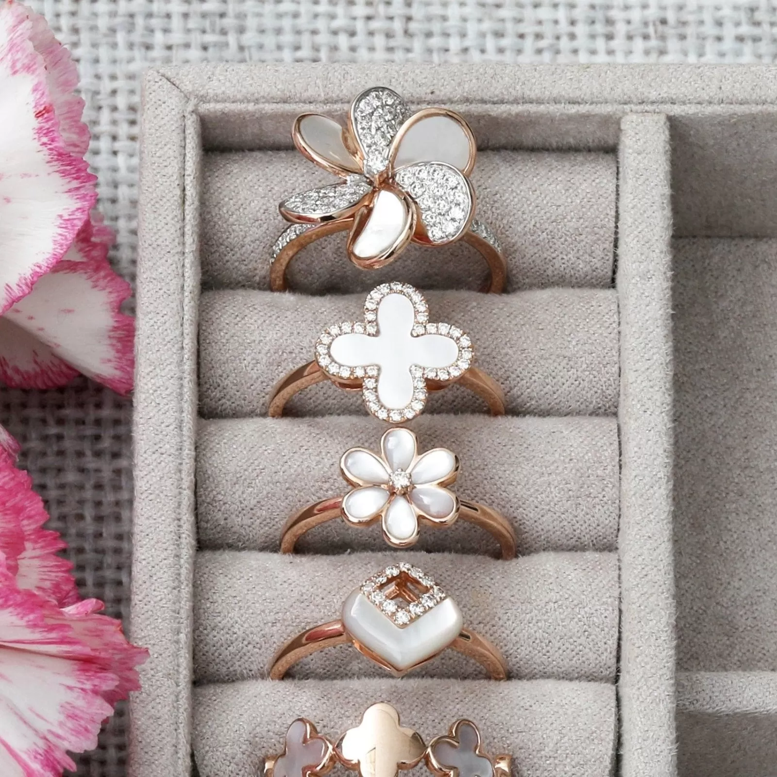 Mother of Pearl and Diamond Pave Flower Cocktail Ring