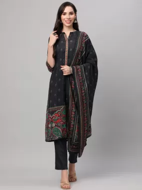 Navy Blue Ornamental Print Kurta Trouser Dupatta