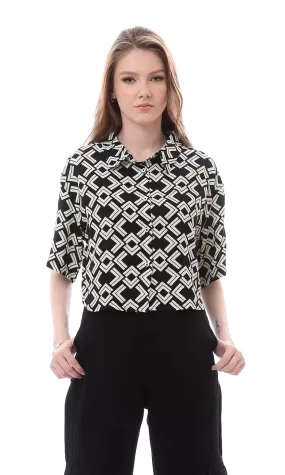 O165292 Diamond Black & White Cropped Shirt Elbow Sleeves