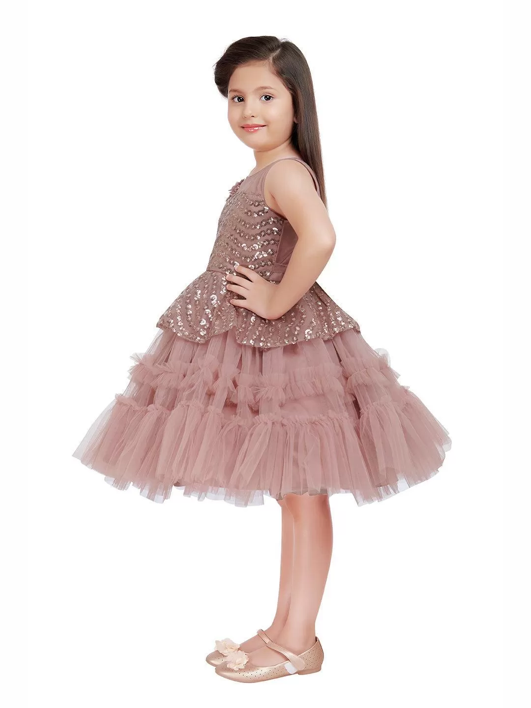 Orchid Coloured Imported Net Peplum Styled Party Wear Frock For Girls