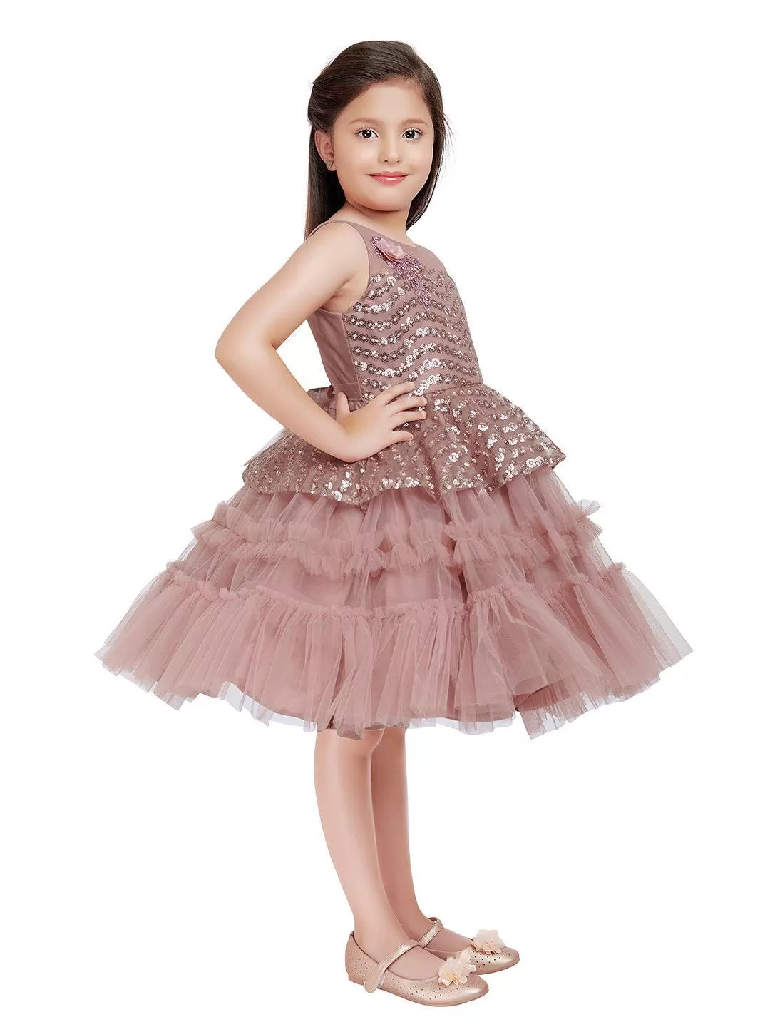 Orchid Coloured Imported Net Peplum Styled Party Wear Frock For Girls