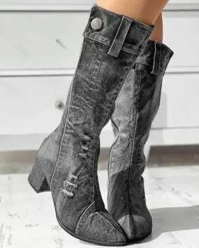 Pointed Toe Denim Zipper Boots