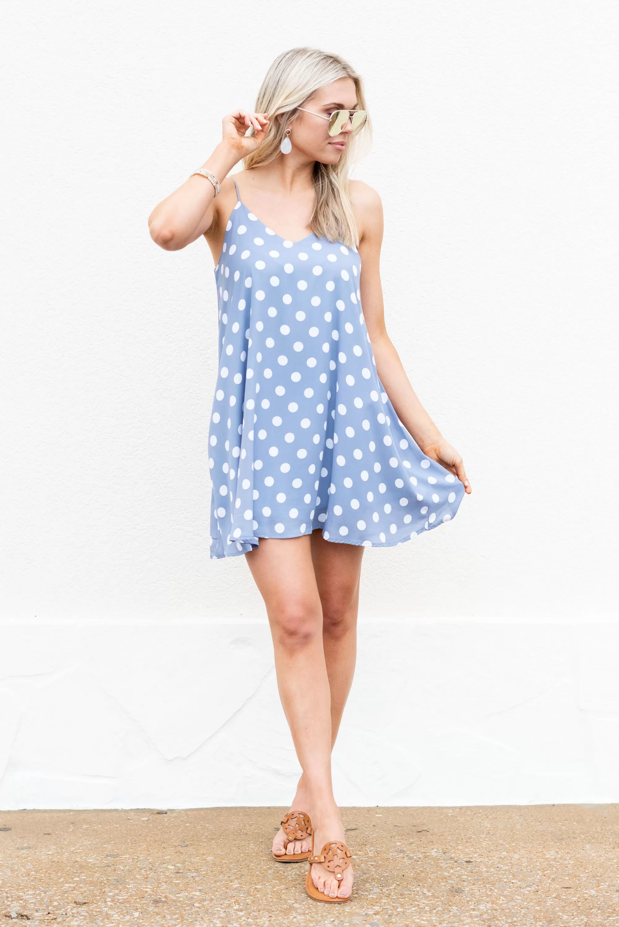 Polka Dot Party Dress, Light Denim-Ivory