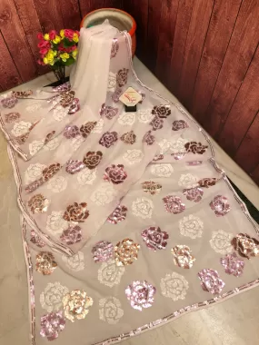 Powder White Color Designer Georgette Sequin Saree