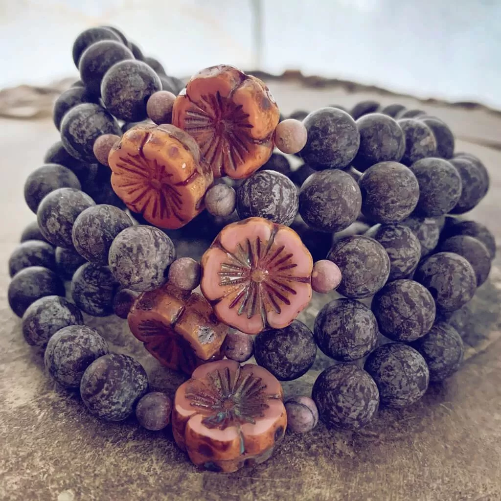 purity // beaded matte snowflake obsidian gemstone bracelet with hibiscus flower bead