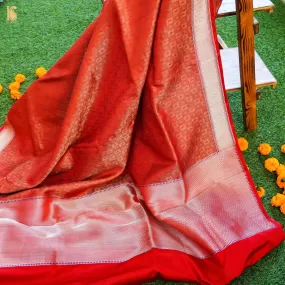 Red Handloom Banarasi Mashru Silk Brocade Saree