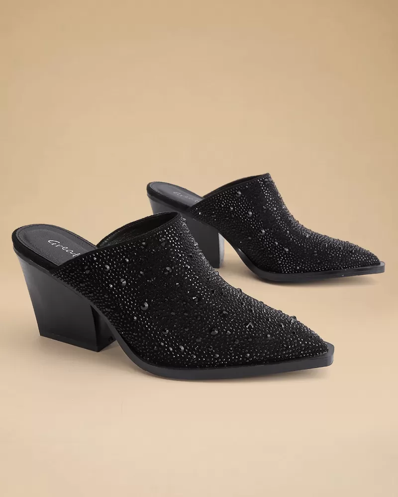 Rhinestone Pointed Toe Chunky Heel Clogs