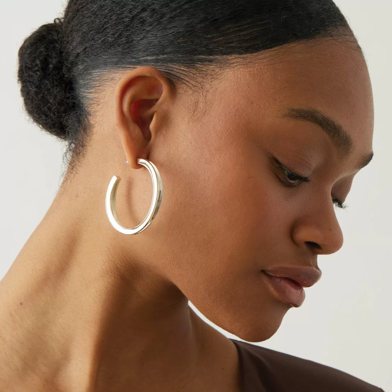 Rhodium Silver Slim Doune Hoop Earrings