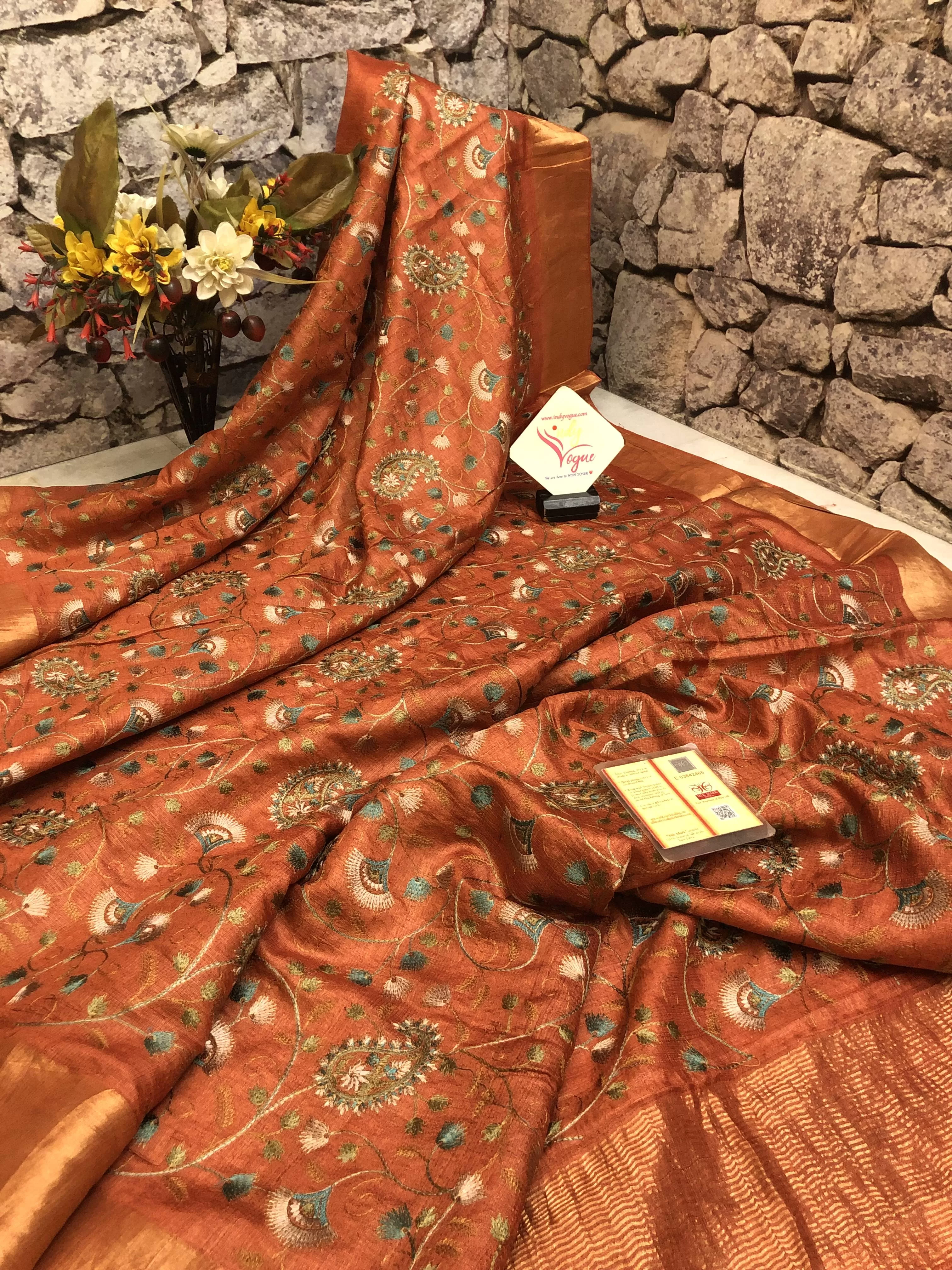 Rust Orange Color Pure Tussar Silk Saree with Allover Embroidery