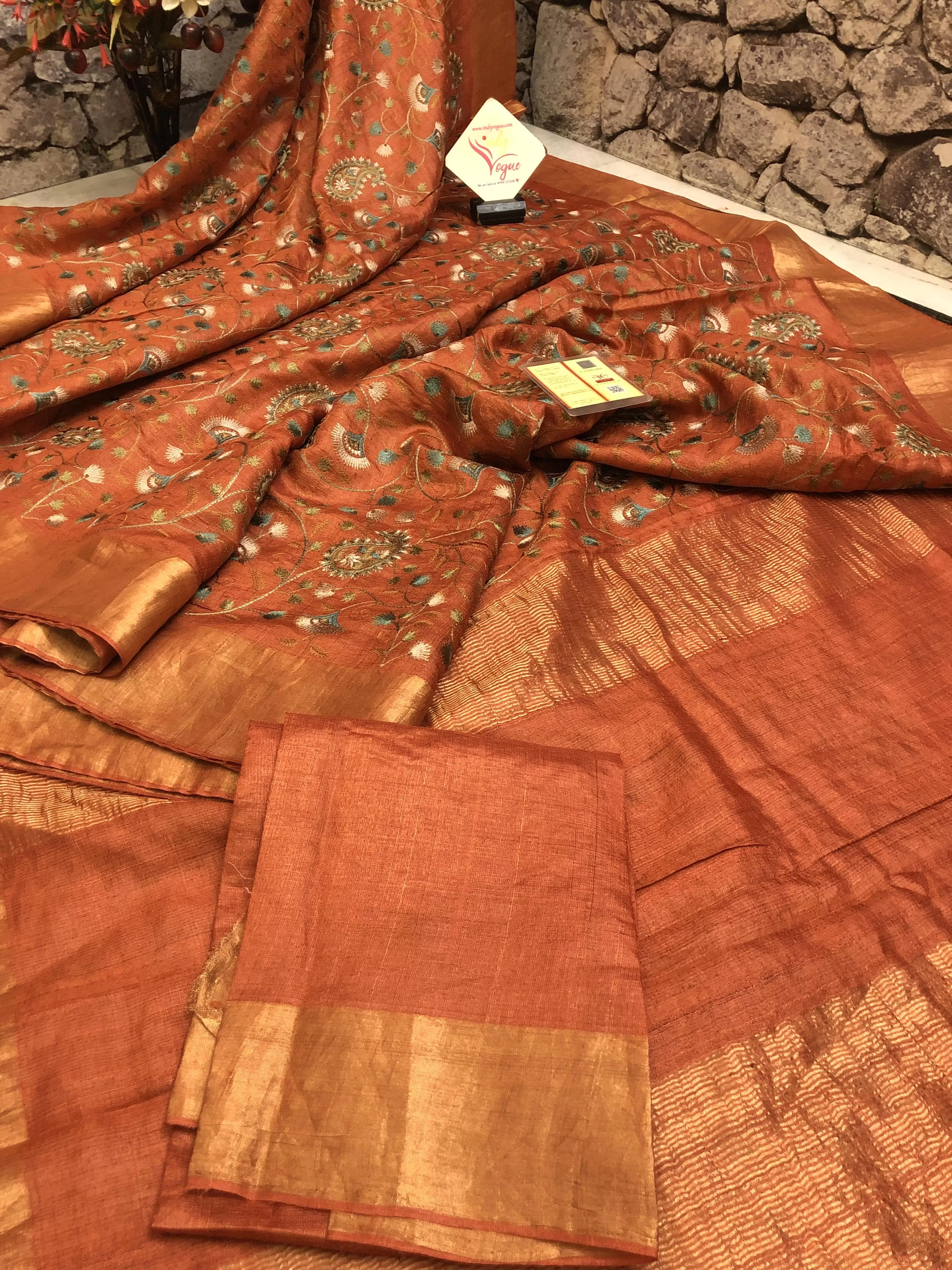 Rust Orange Color Pure Tussar Silk Saree with Allover Embroidery