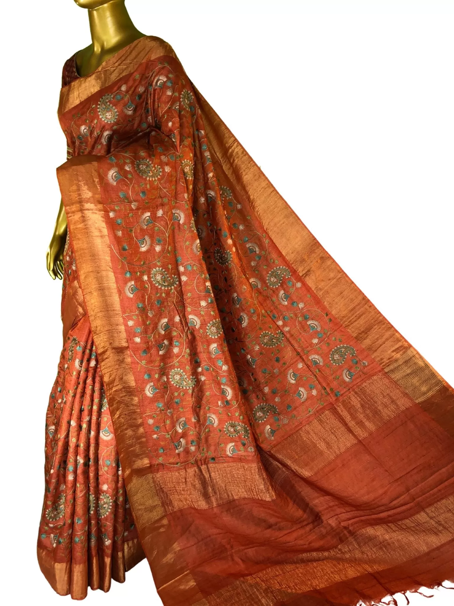 Rust Orange Color Pure Tussar Silk Saree with Allover Embroidery